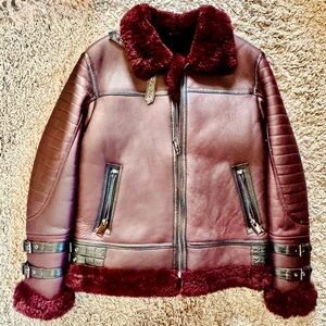 Burgundy Thick Shearling B3 Style Leather Jacket with Full Fur Trim/Lining. New